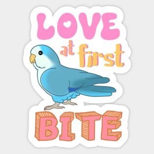 Love at first bite Blue Quaker Funny Birb merch Parrot Kawaii Sticker